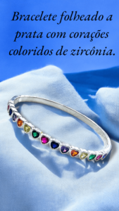 Bracelete folheado a prata com corações coloridos de zircônia.