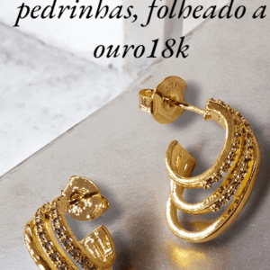 Coleção dia das Mães Argola tripla com pedrinhas, folheado a ouro18k