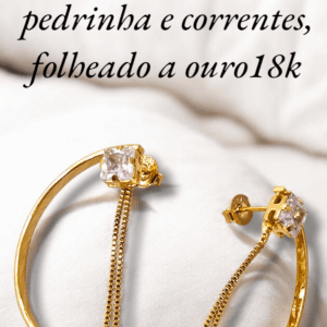 Coleção dia das Mães Brinco meia lua com pedrinha e correntes, folheado a ouro18k