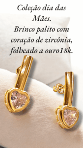 Coleção dia das Mães. Brinco palito com coração de zircônia, folheado a ouro18k.