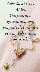 Coleção dia das Mães. Gargantilha gravatinha com pingente de coração e pérola. Folheado a ouro18k.Caixa de entrada
