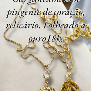 Gargantilha com pingente de coração, relicário. Folheado a ouro18k.