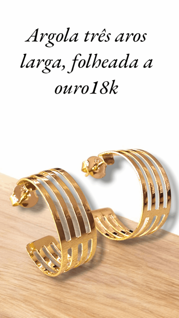 Argola três aros larga, folheada a ouro18k