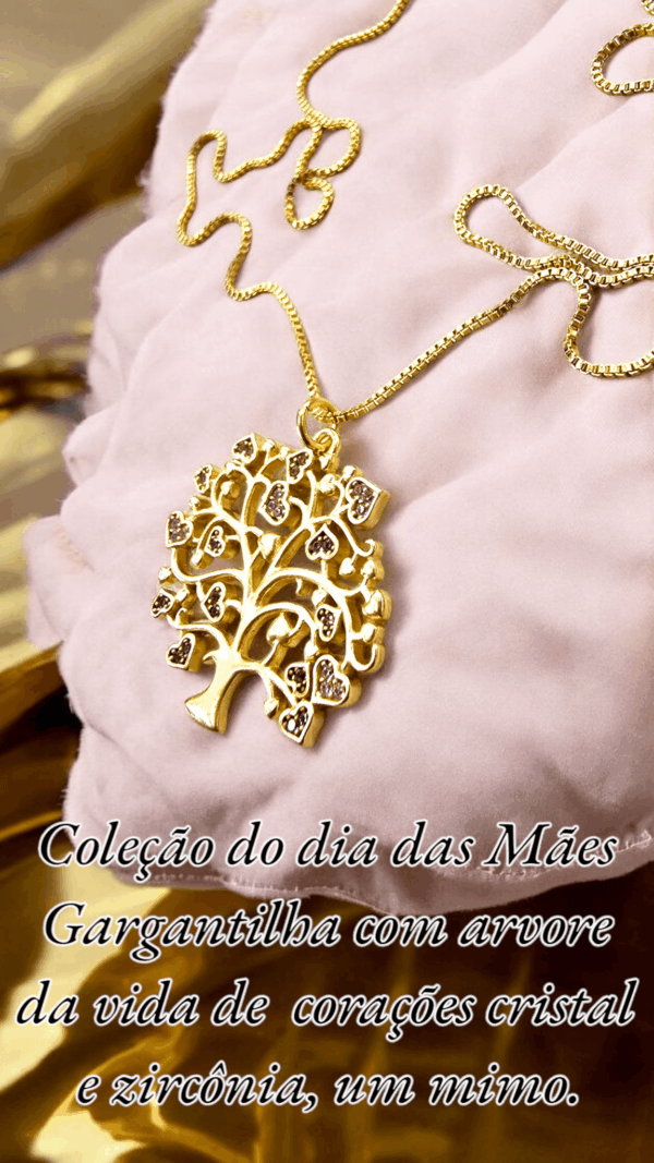 Coleção do dia das Mães Gargantilha com arvore da vida de corações cristal e zircônia, um mimo.